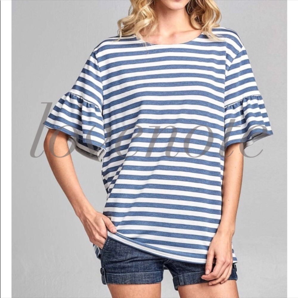 🇺🇸 Short Sleeve Ruffle Sleeve Striped Top Blouse - Picture 5 of 5